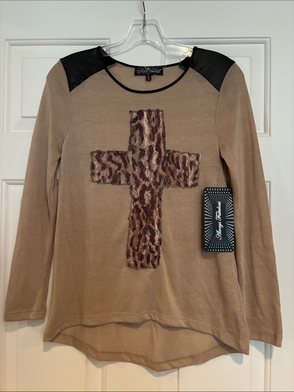 Almost Famous Tan Long Sleeve Tee with Leopard Cross and Black Shoulder Accents